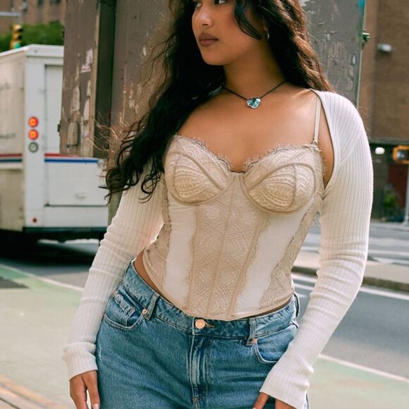 Garage Chrishell Lace Mesh Bustier in Eggnog Beige and Cobblestone Brown, M - Picture 1 of 9